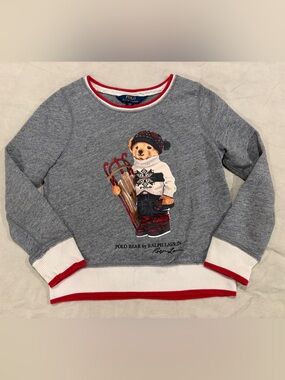 Polo by Ralph Lauren Ski Bear Heather Gray Kids Sweatshirt with Red Trim Size 7